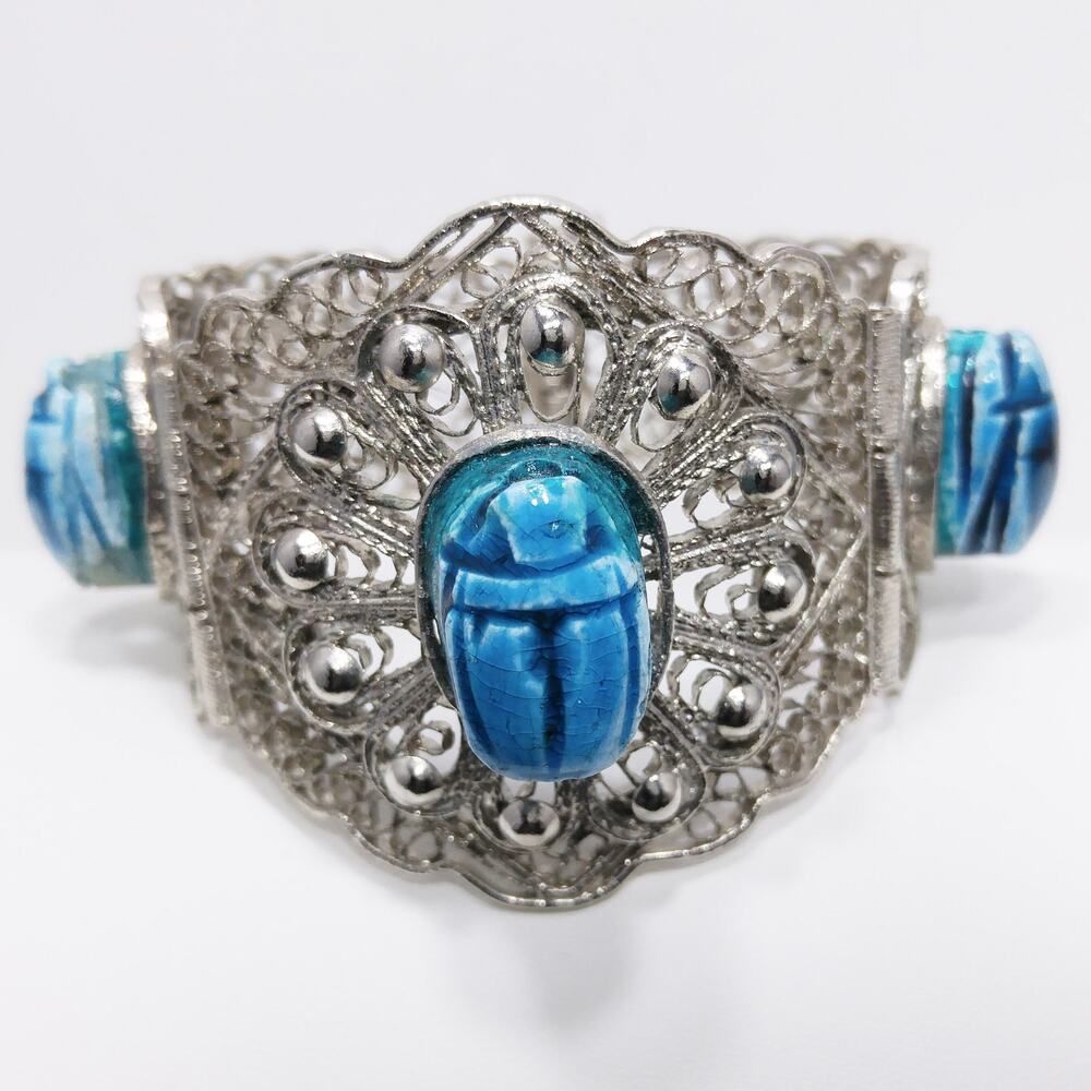 Vintage Egyptian Revival Scarab Filigree Bracelet Faience 1970s